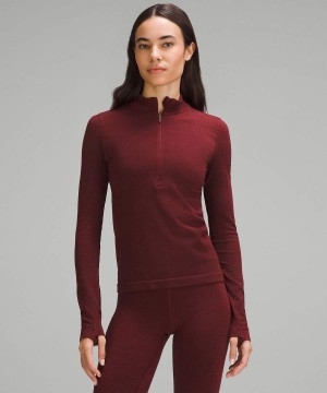 Lululemon Merino Wolle-Blend Base Layer Half Zip Langarmhemd Damen Rot Bordeaux | 2034TVYOM