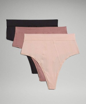 Lululemon UnderEase Gerippt High-Taille Tanga 3 Pack Unterwäsche Damen Schwarz Rosa | 9564RVDBF