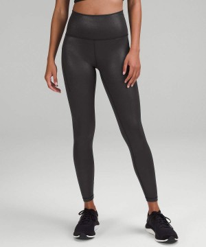 Lululemon Wunder Train High-Rise with Pockets 25" Foil Leggings Damen Schwarz | 4698EPTWQ