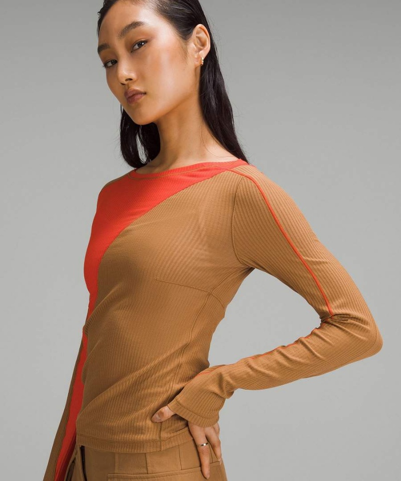 Lululemon Asymmetrical Gerippt Baumwoll Long-Sleeve Langarmhemd Damen Beige Orange | 8960LCZPH