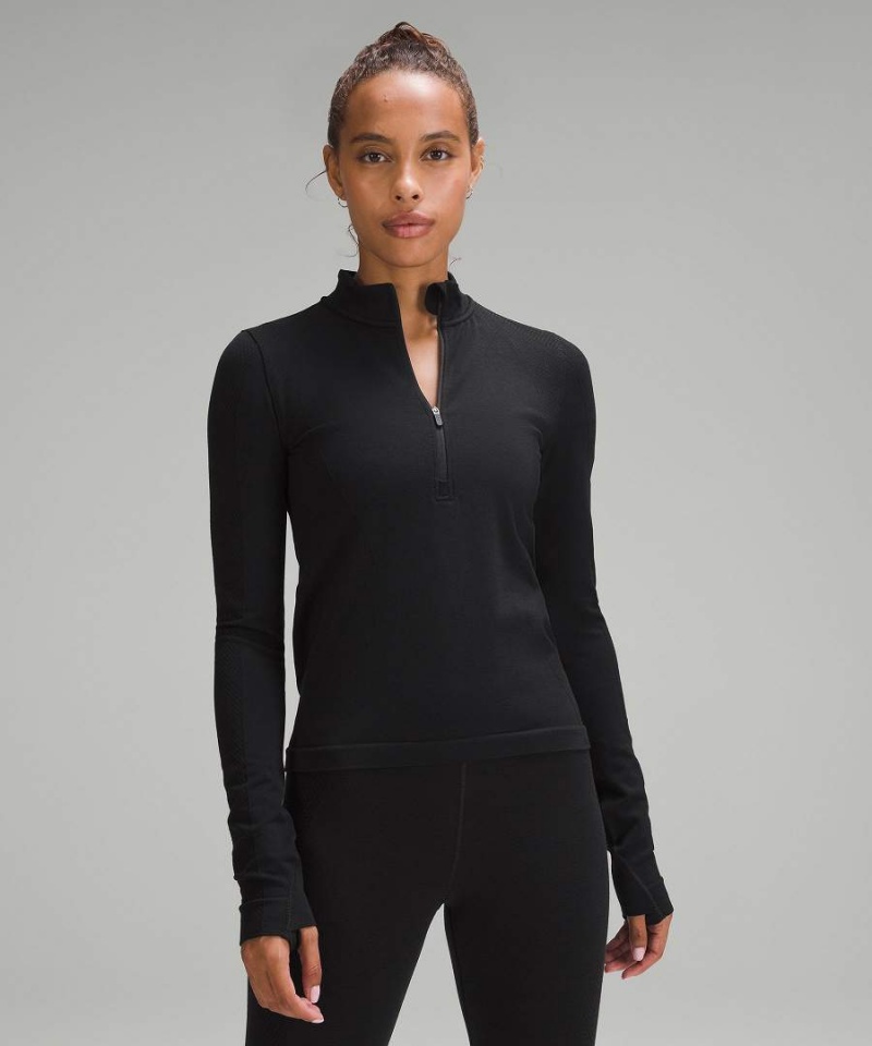 Lululemon Merino Wolle-Blend Base Layer Half Zip Langarmhemd Damen Schwarz | 5849WQXIO